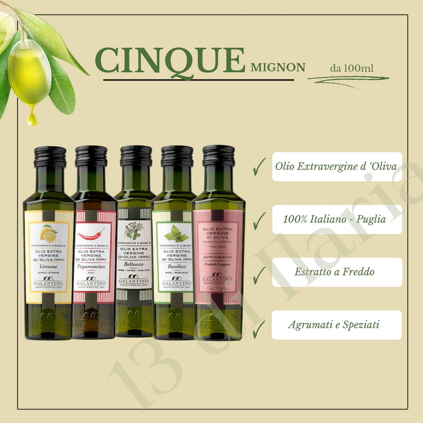 Set 5 Oli EVO Aromatizzati 100ml | Peperoncino, Basilico, Limone, Affiorato, Beltocco | Olio Extravergine di Oliva Pugliese