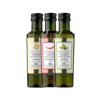 Tris Oli Aromatizzati 100ml – Peperoncino, Basilico, Limone | Olio EVO Pugliese 100% Italiano