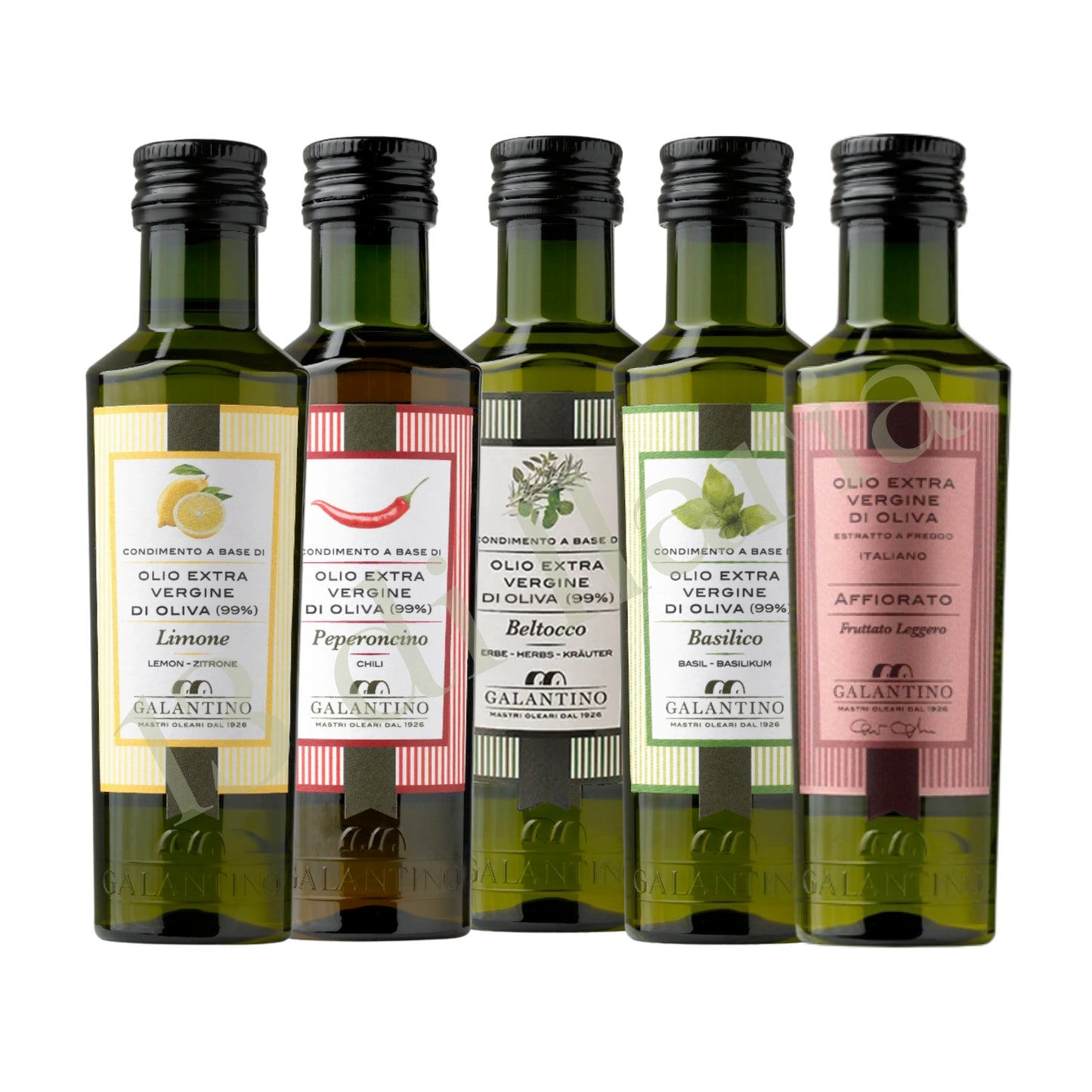 Set 5 Oli EVO Aromatizzati 100ml | Peperoncino, Basilico, Limone, Affiorato, Beltocco | Olio Extravergine di Oliva Pugliese