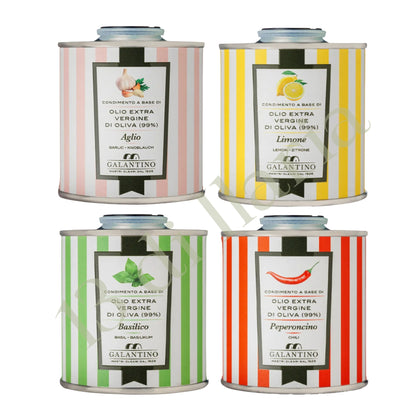 4 Lattine Olio Extra Vergine Aromatizzato 100 ml | Aglio, Limone, Basilico & Peperoncino, EVO Artigianale Italiano